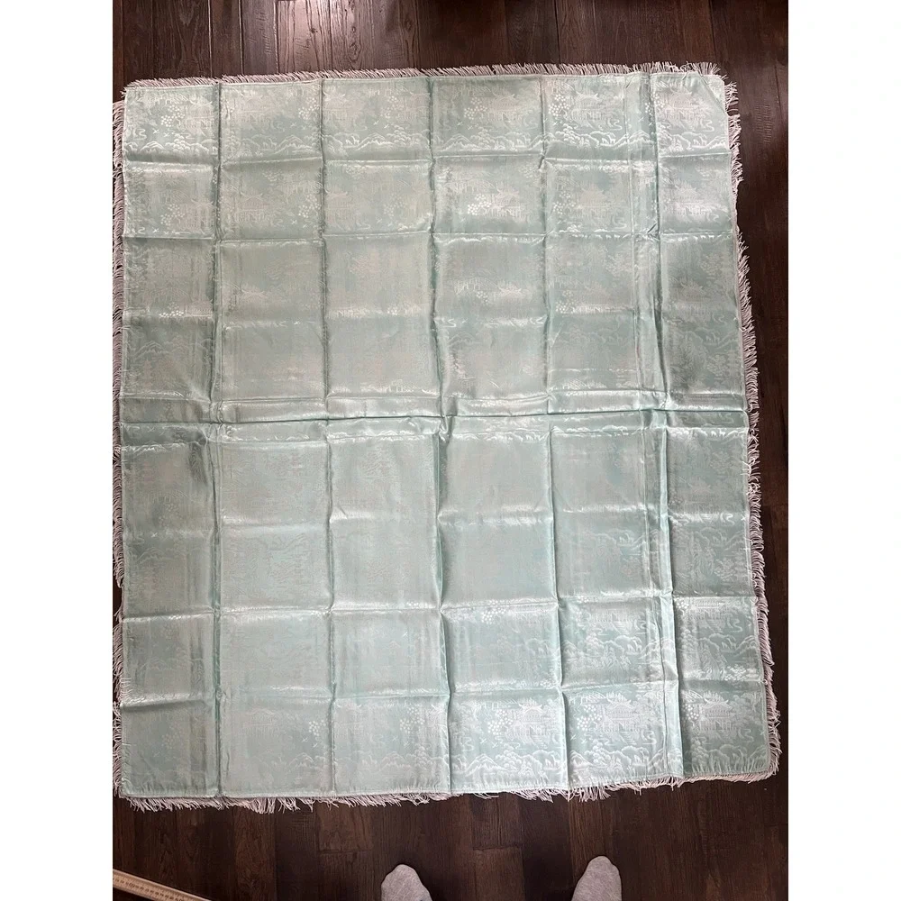 Vtg BROCADED Silky Ice Blue Tablecloth Cover Reversible China Fringe‎ 50x60